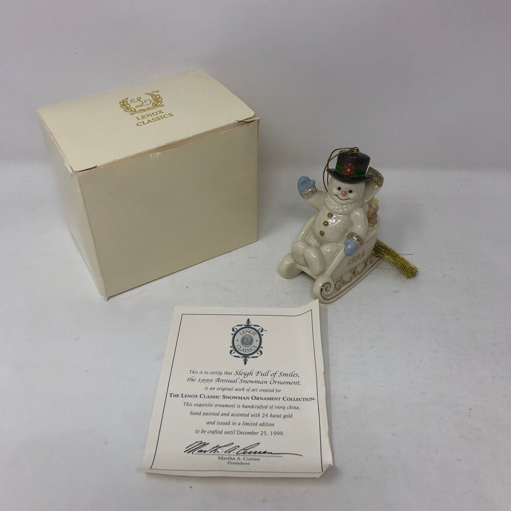 Lenox 1999 Annual Snowman Christmas Ornament Sleigh Full of Smiles Box & COA